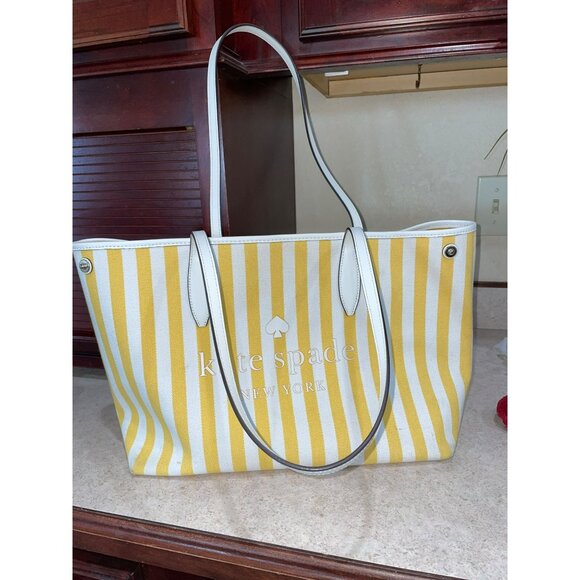 Kate Spade New York Yellow & White Striped Canvas Tote Bag With Leather Handles - Picture 5 of 8